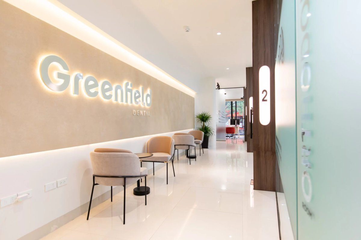 Greenfield Dental corridor and waiting area with modern minimalist design